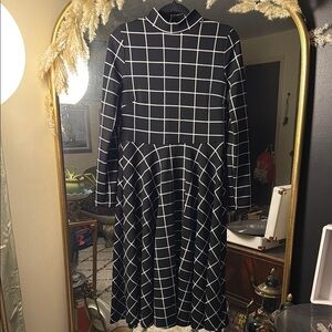 Shein Aline Black and White Grid Pattern Midi Dress